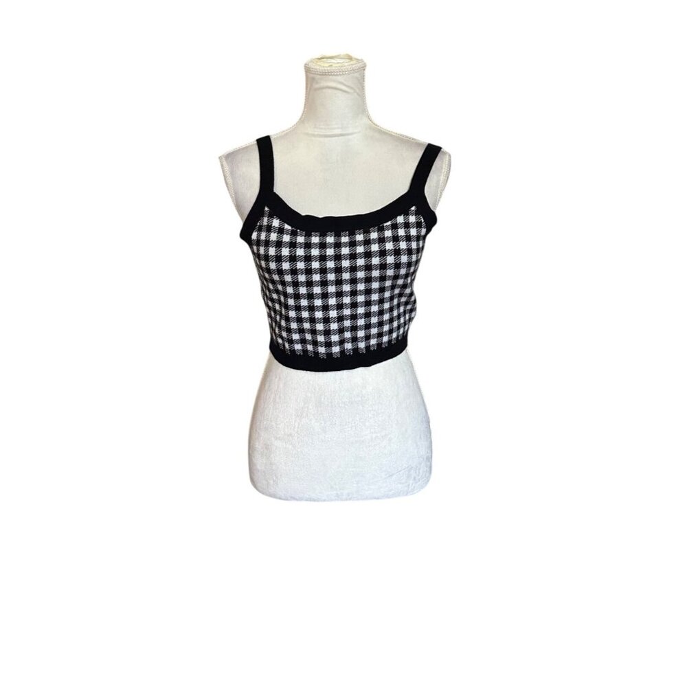 Forever 21 Black & White Gingham Knit Cropped Tank Top Size L